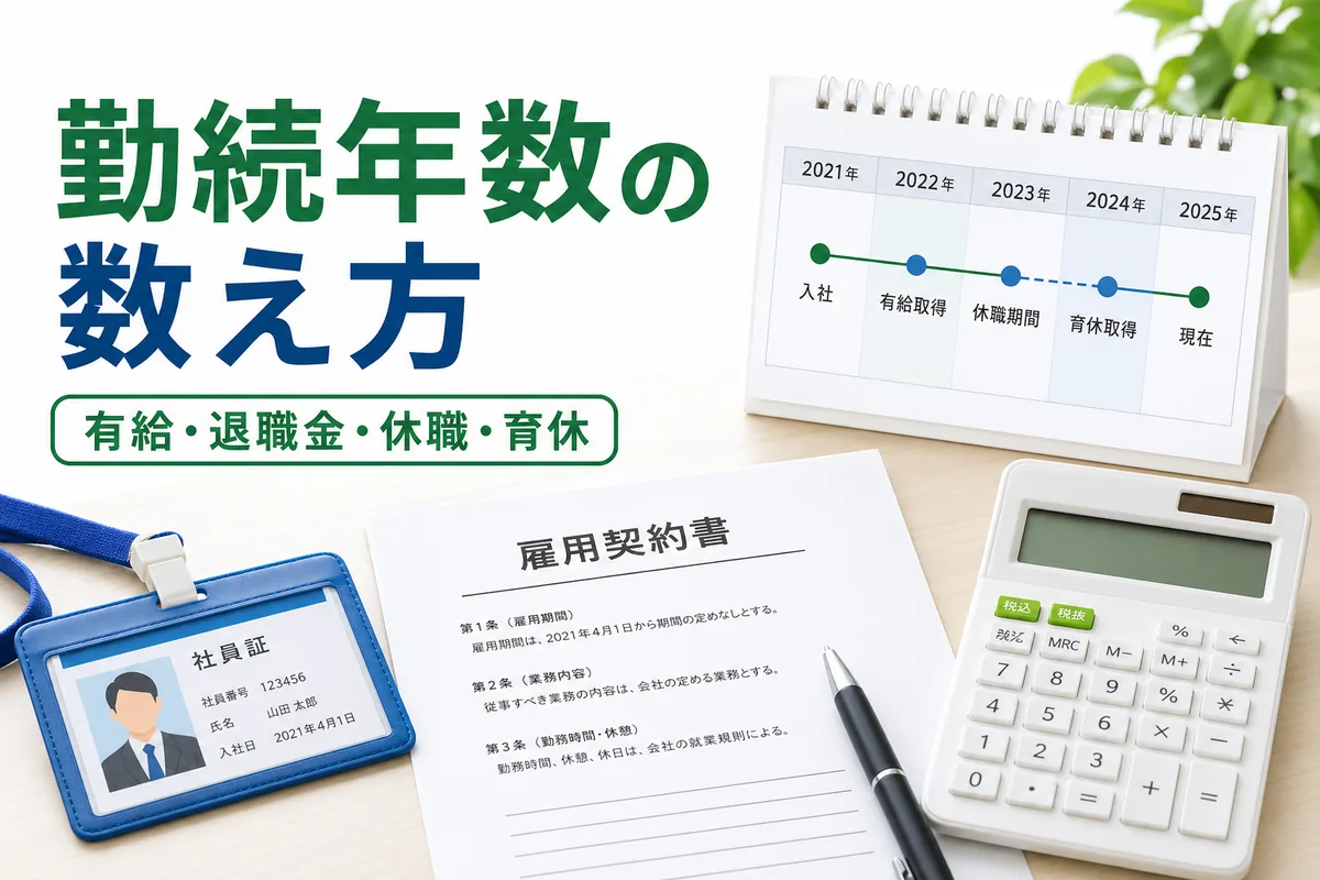 勤続年数の数え方を有給・退職金・休職・育休の観点で整理したイメージ