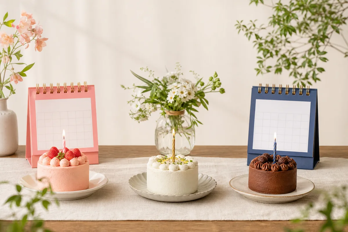 2人の誕生日と中央の真ん中誕生日を3つのケーキで表したイメージ