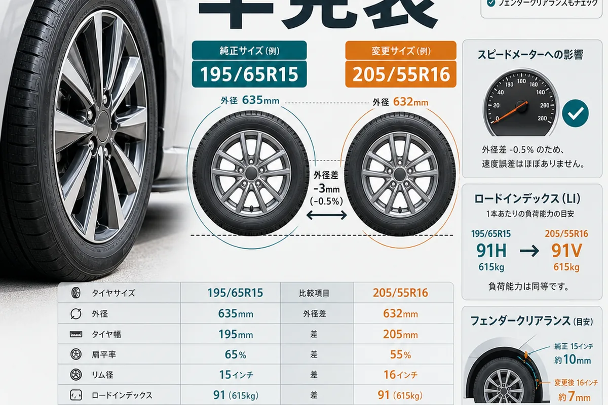タイヤサイズ変更で外径差・速度計誤差・フェンダー干渉を確認するイメージ