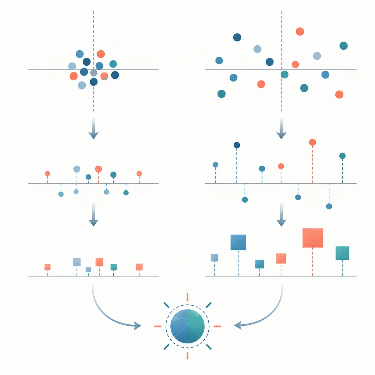 Editorial comparison of a compact data cluster and a wider cluster flowing into squared deviations